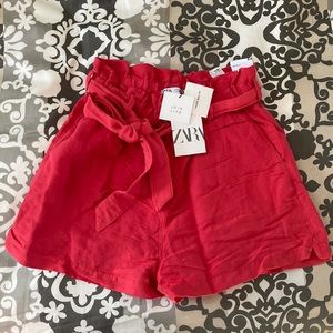 Zara linen paper bag shorts in pink
